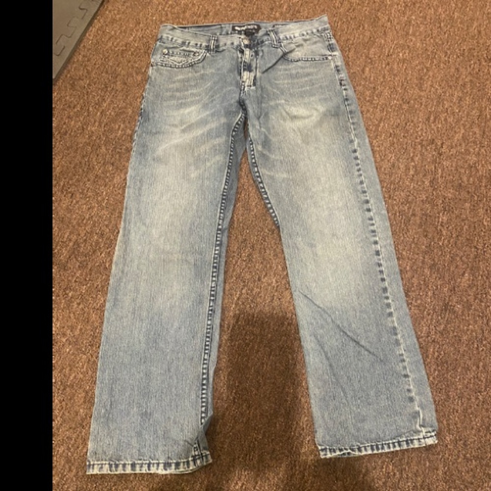 Ecko Unlimited Men's Light Wash Denim Boot Cut Wide Leg Blue Jeans 34/32 EUC
